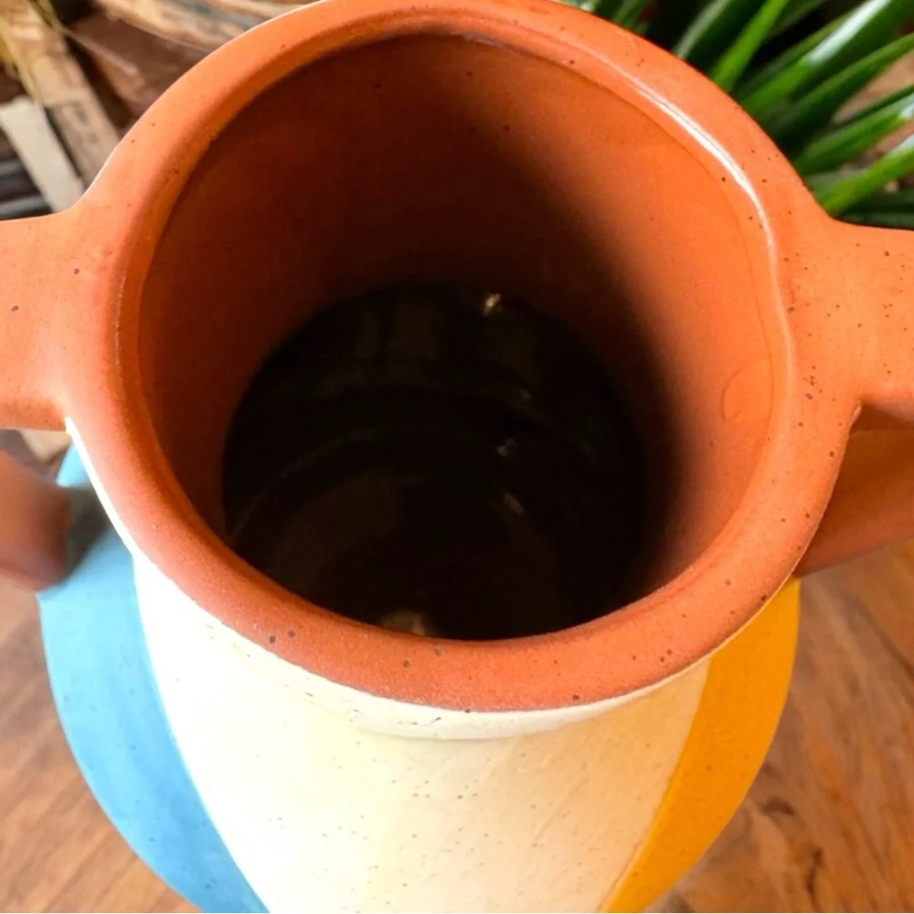 COCOLORIST Ceramic Vase w/ Handles Blue Yellow Cream - Handmade